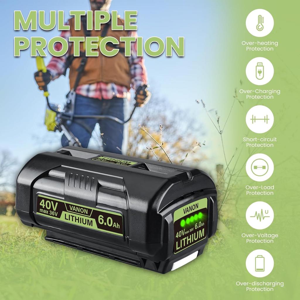VANON 1 Pack OP4060 40V 6.0Ah Replacement for Ryobi Battery Lithium Ion Compatible with OP4015 OP4026 OP40201 OP40261OP4030 OP4040 OP40401 OP4050