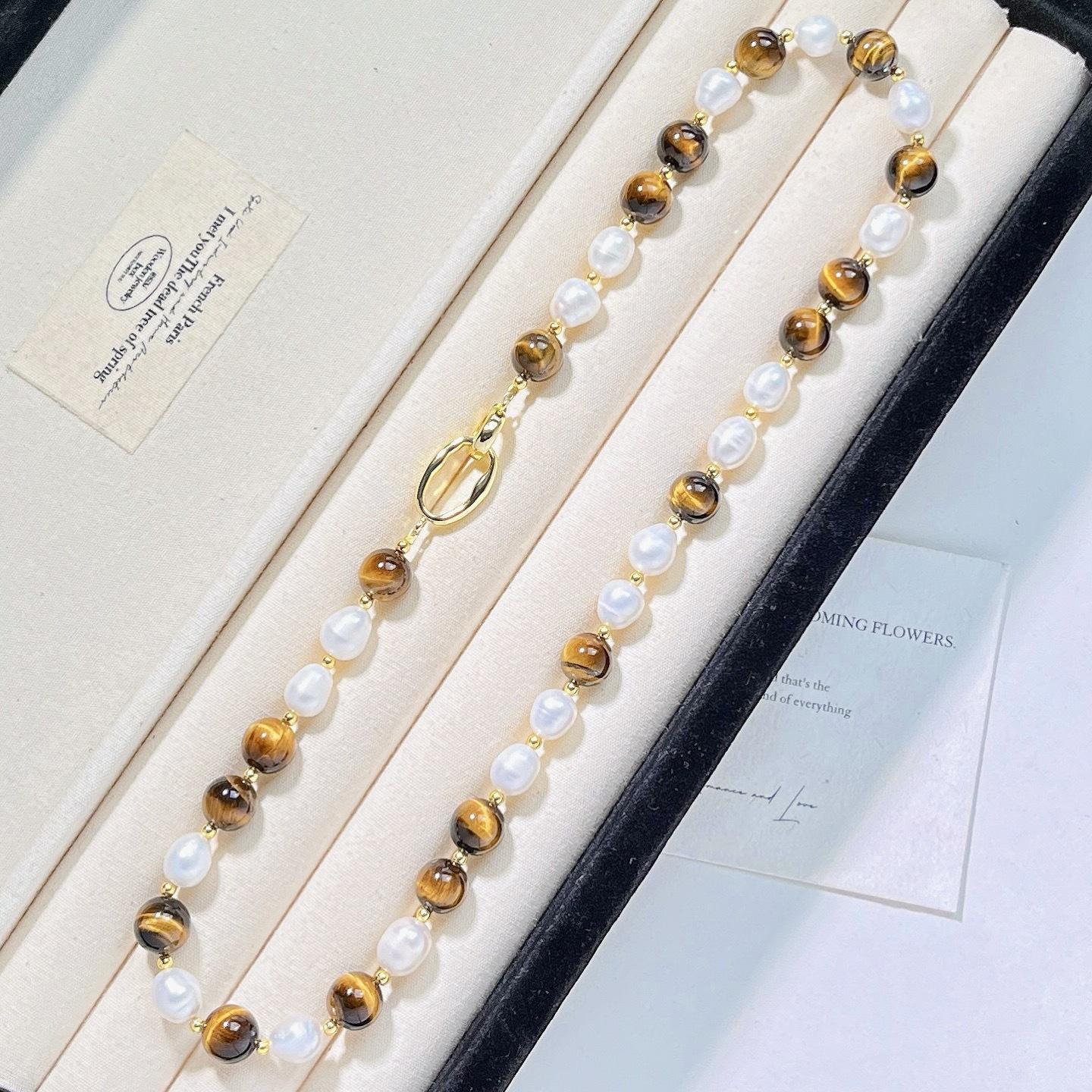 Autumn And Winter Natural Tiger S Eye Stone Freshwater Pearl Design Necklace Collarbone Chain