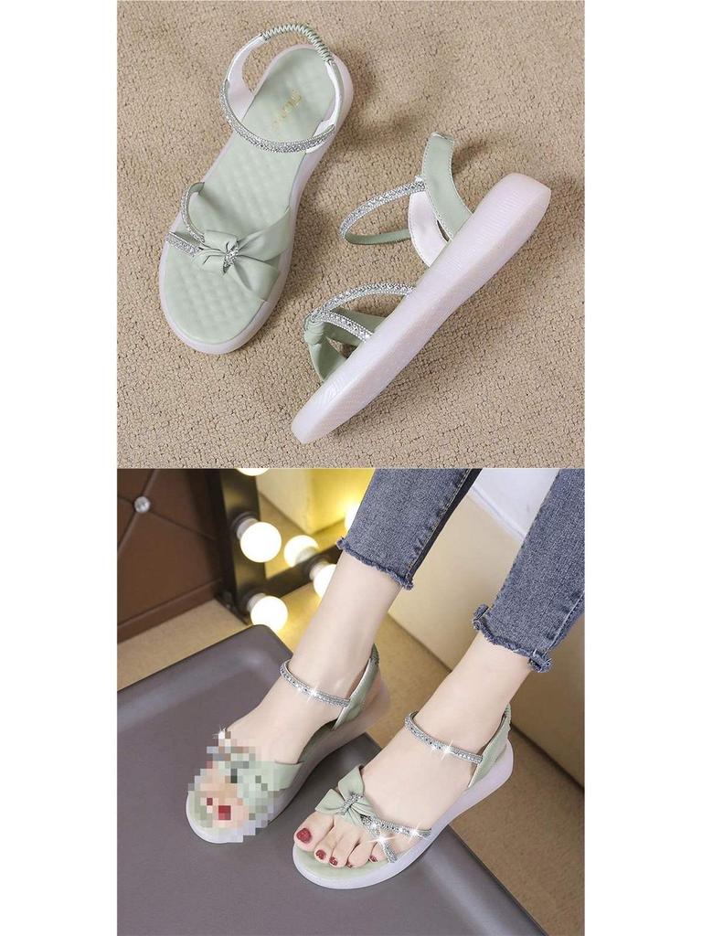 2025 Women's Versatile Korean-Style Rhinestone Flat Sandals with Soft, Non-Slip Sole.