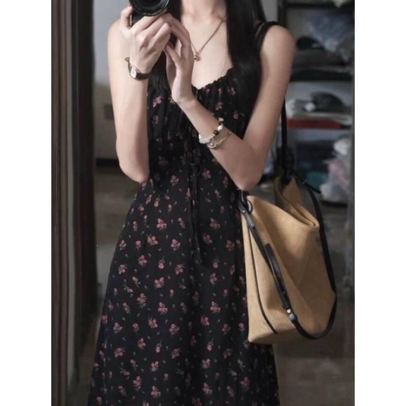 French Black Floral Neck Suspender Dress Women's Summer New Waist French Long Skirt