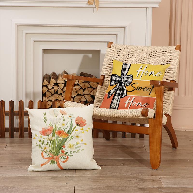 Floral Print Pillow Cover Spring Living Room Decor Sofa Cushion Linen Simple Versatile Car Cushion Cover