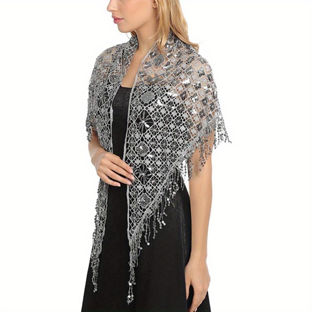 Hollow Triangle Sequin Lace Shawl Bridal Wedding Women Luxury Party Wrap Female Shiny Glitter Stole Club Scarf with Tassel
