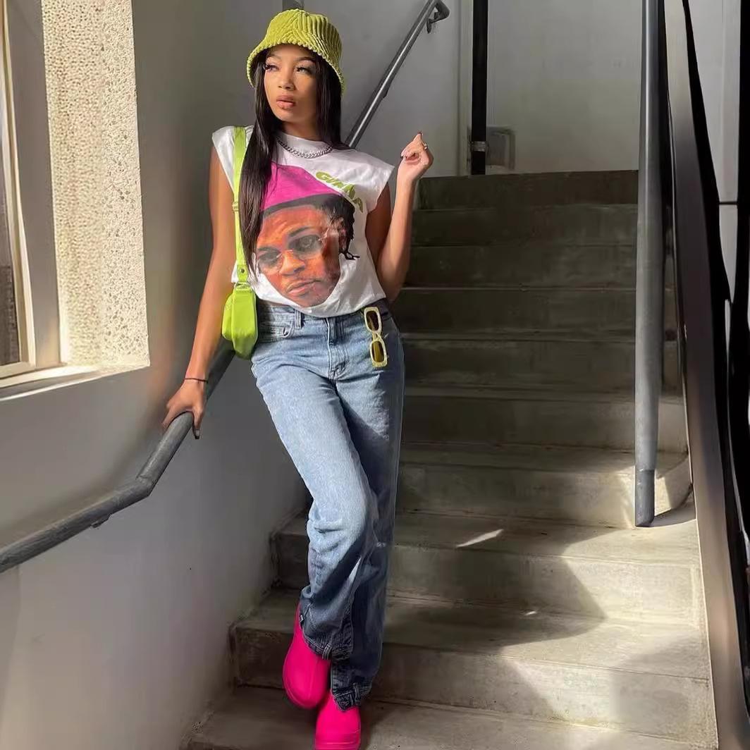 

inwomen printed short-sleeved T-shirt versatile casual top