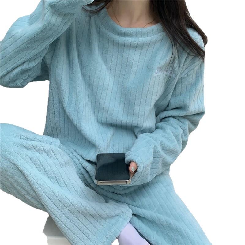 Damen Dickes Flanell Korallenfleece Pyjama Set - Niedlicher Langer Cardigan Homewear für Herbst und Winter