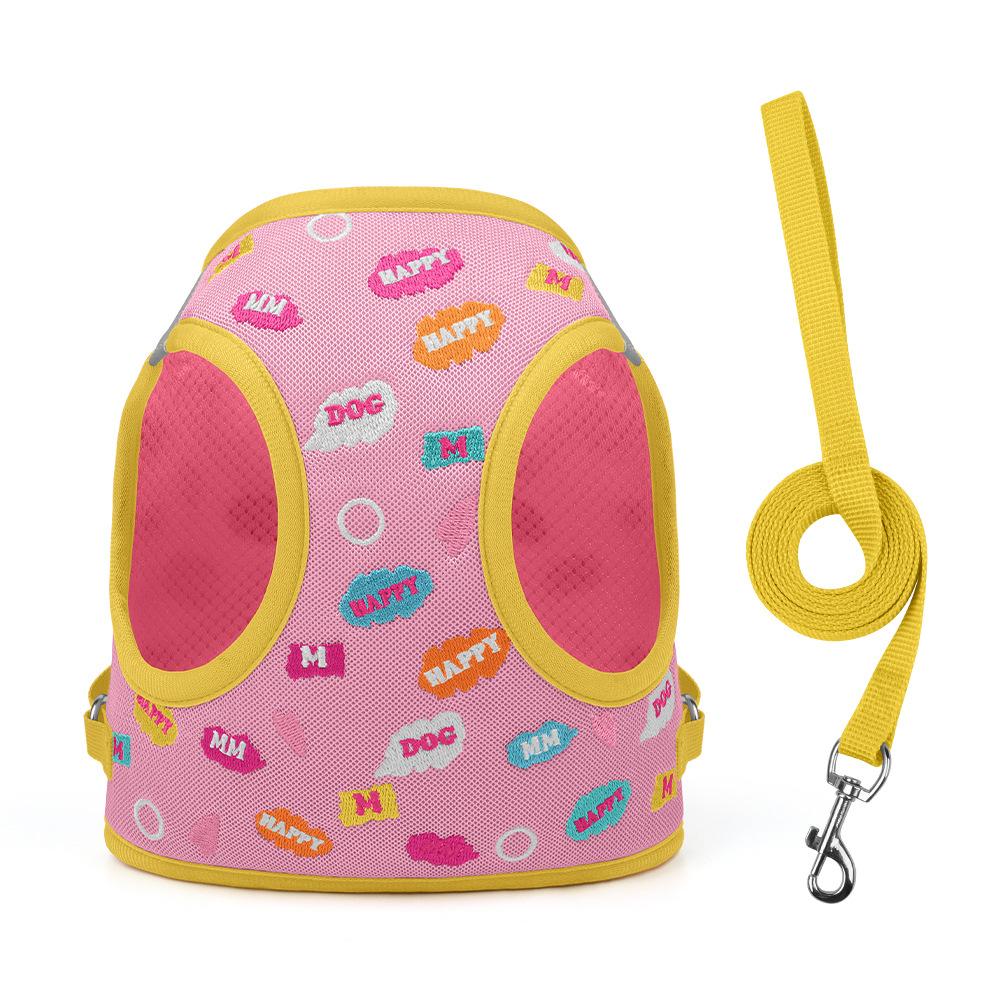 

New dog chest back vest type dog embroidered leash reflective breathable dog rope pet chest strap leash XS вишневый розовый