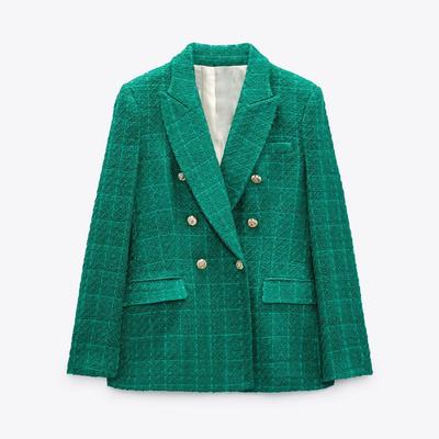 Women Jacket Autumn Fashion Double Breasted Tweed Check Blazer Coat Vintage Long Sleeve Pockets Female Outerwear