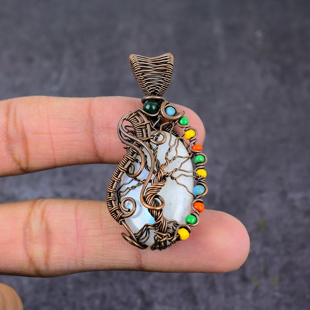 Natural Rainbow Moonstone Copper Wire Wrap Tree Of Life Pendant 2.17" Y5L24