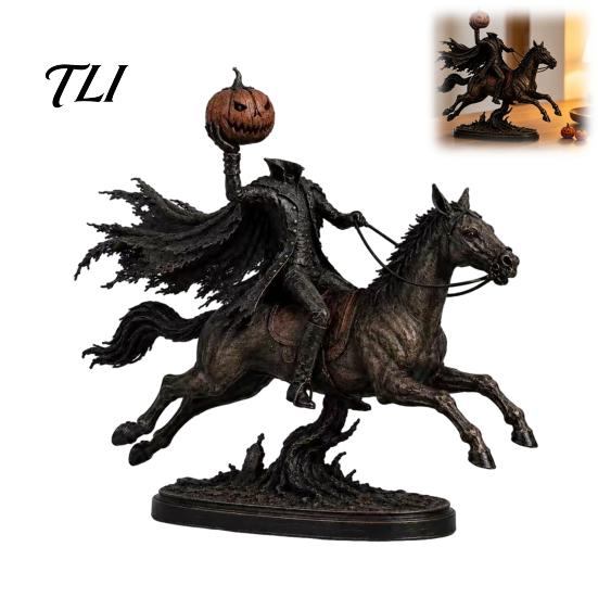 Halloween Atmosphere Prop Knight on Horseback with Luminous Pumpkin Head Resin Figurine, Decorative Gaming Room Shelf Accessory Lighted Horse