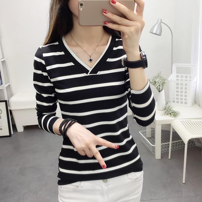 V-neck Long Sleeved Striped T-shirt for Women