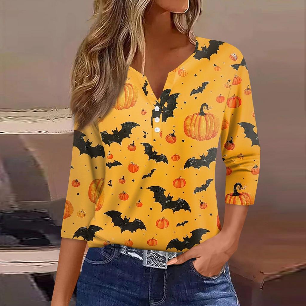 Women's T Shirt Halloween Print Button 3/4 Sleeve Daily Weekend Fashion Basic V- Neck Regular Top