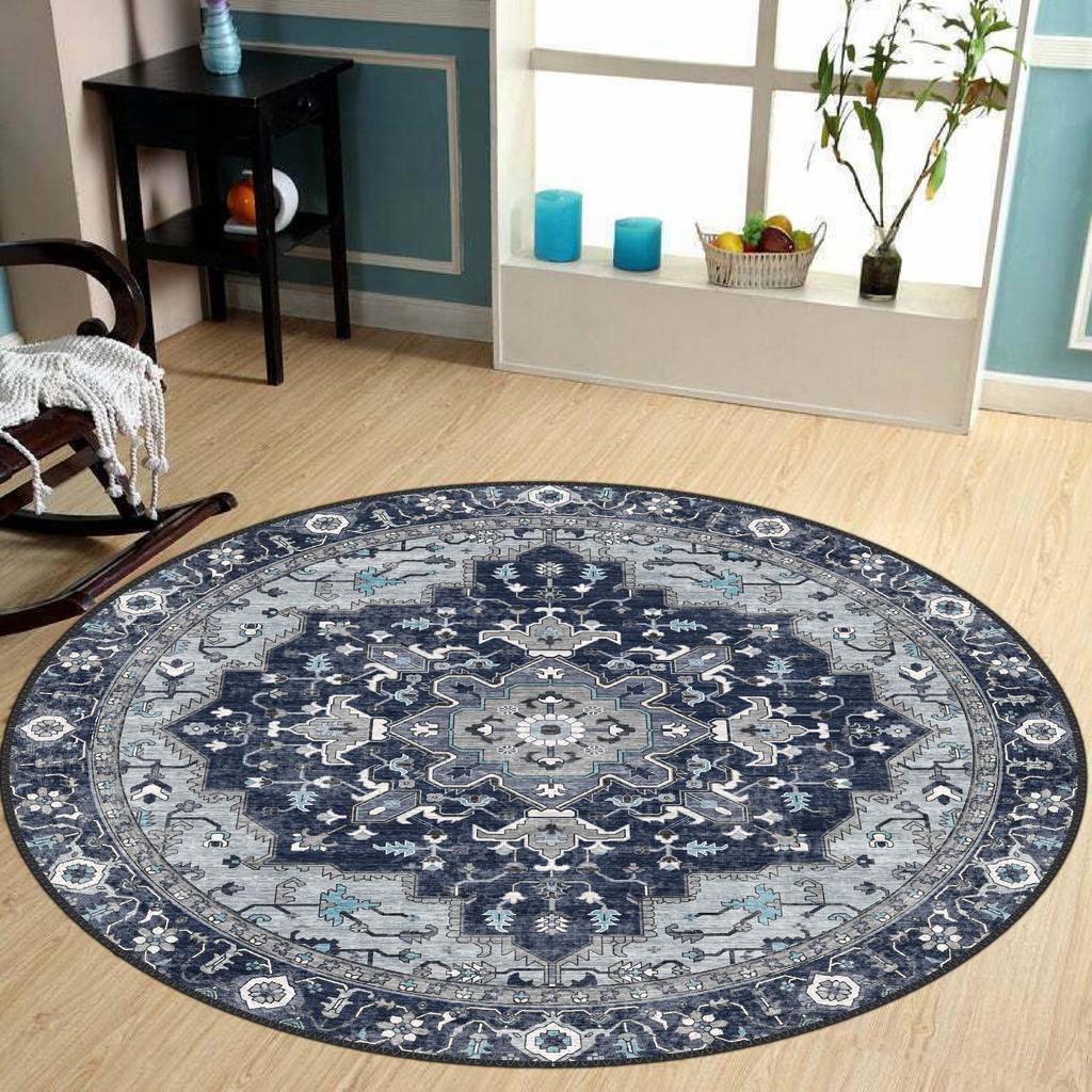 Vintage Blauw Medaillon Bloemen Oosters Perzisch Antislip Rond Tapijt Traditionele Boerderij Entree Decor Vloerkleed