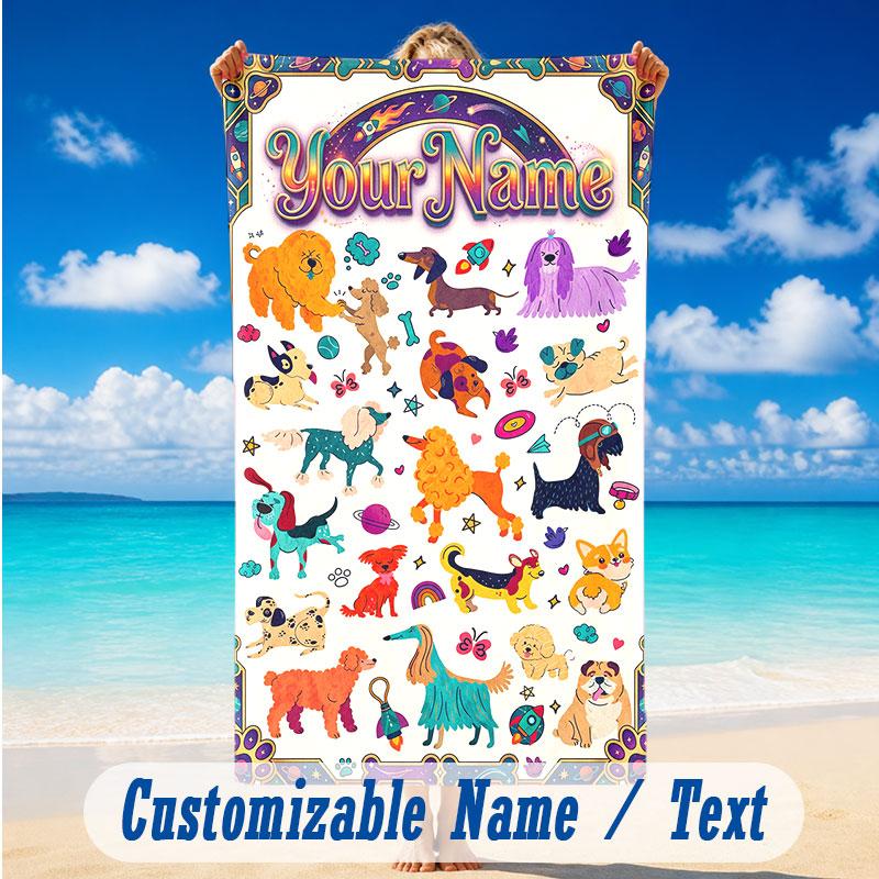 Dog Theme Beach Towel Personalized Custom Name & Text Soft Quick Dry Beach Towel for Swimming Travel