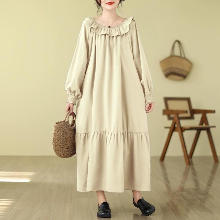New French Style Oversize Off The Shoulder Dress Patchwork Lace Sweet One Neckline Slim and Long Look