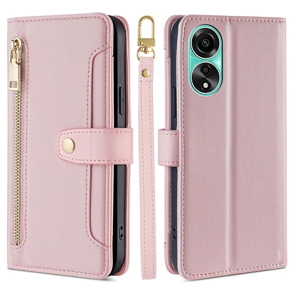 

For Oppo A78 4G Case Zipper Phone Leather Cover with Hand Strap and Shoulder Strap Pink