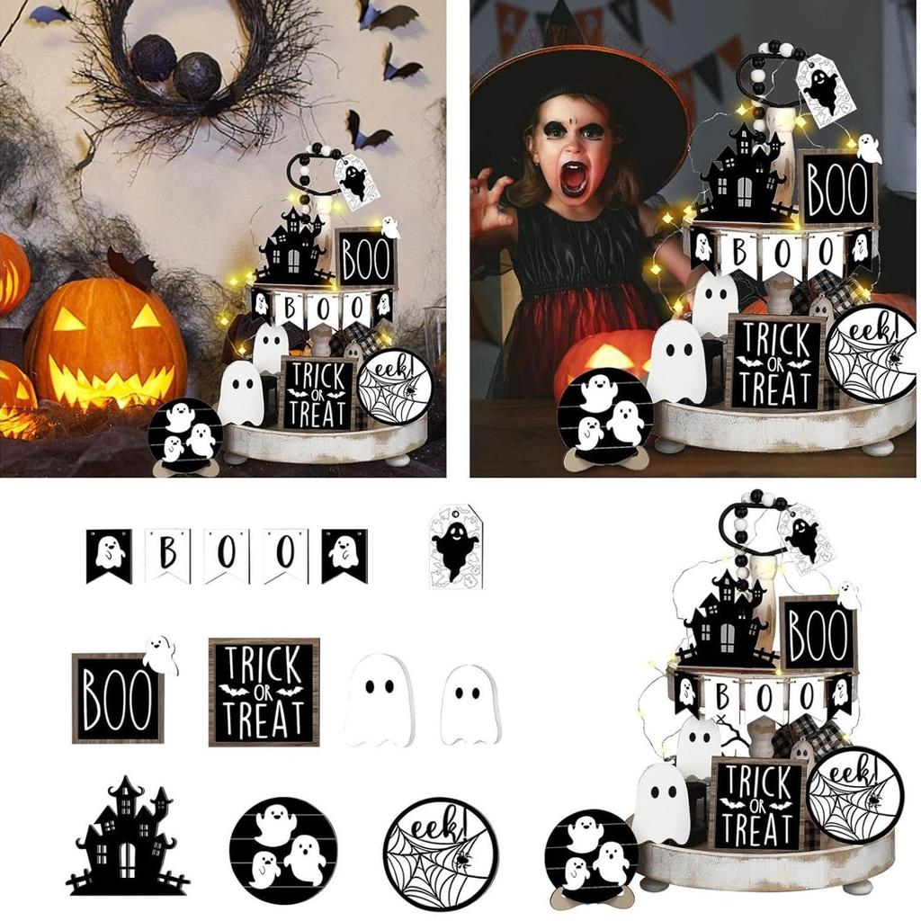 Halloween Tiered Tray Decor Set Cute Tray Decorations Halloween Wooden Signs Rustic Decoration For Home Table Party Supplies
