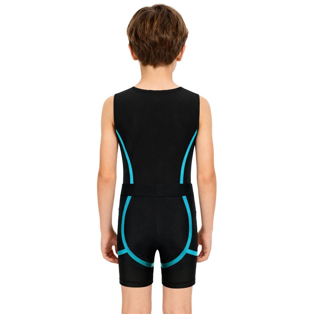 Boys Shiny Contrast Leotard Sleeveless Press Button Crotch Shorts Gymnastics Outfit