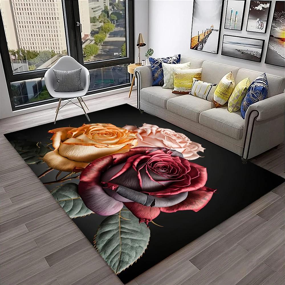 Romantic Rose Flower Carpet Home Living Room Area Rug Bedroom Doormat Non-slip Foldable Washable Floor Mat For Entryway Hallway
