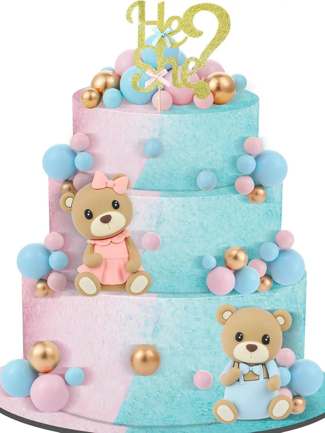 

Gender Reveal Cake Topper Set Includes He or She Cake Topper for Boys and Girls Gender Reveal Baby Shower(Bear)