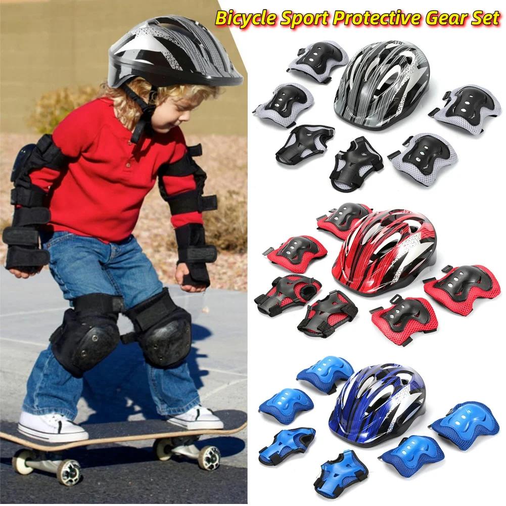 7Pcs Bicycle Sport Protective Gear Set Adjustable Kids Safety Skating Helmet Pad Set 48-55cm for Skateboard/Bike/Skating/Cycling