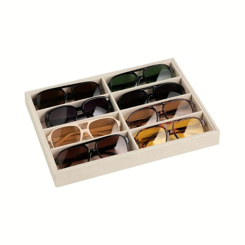 Open Glasses Storage Tray with 8 Separate Compartments, Single-Level Fabric-Covered Layout for Visible Eyewear Storage