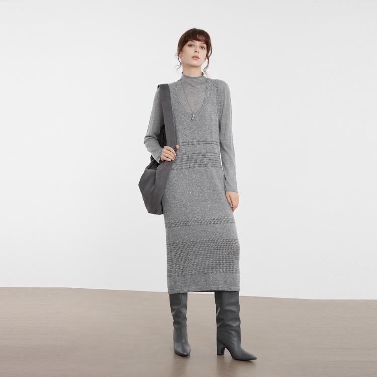 ELLE French High-End Knit Wool Unique Design Long Sleeve Dress Women dresses Medium-Gray EL40188