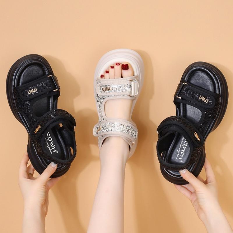 Sports Sandals Women's Summer New Heightening Velcro Sweet Sequins Casual Platform Beach Shoes