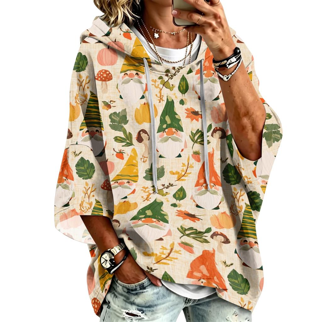 Women's 3/4 Sleeve Christmas Print Hooded Pullover Top Casual Holiday Outfit