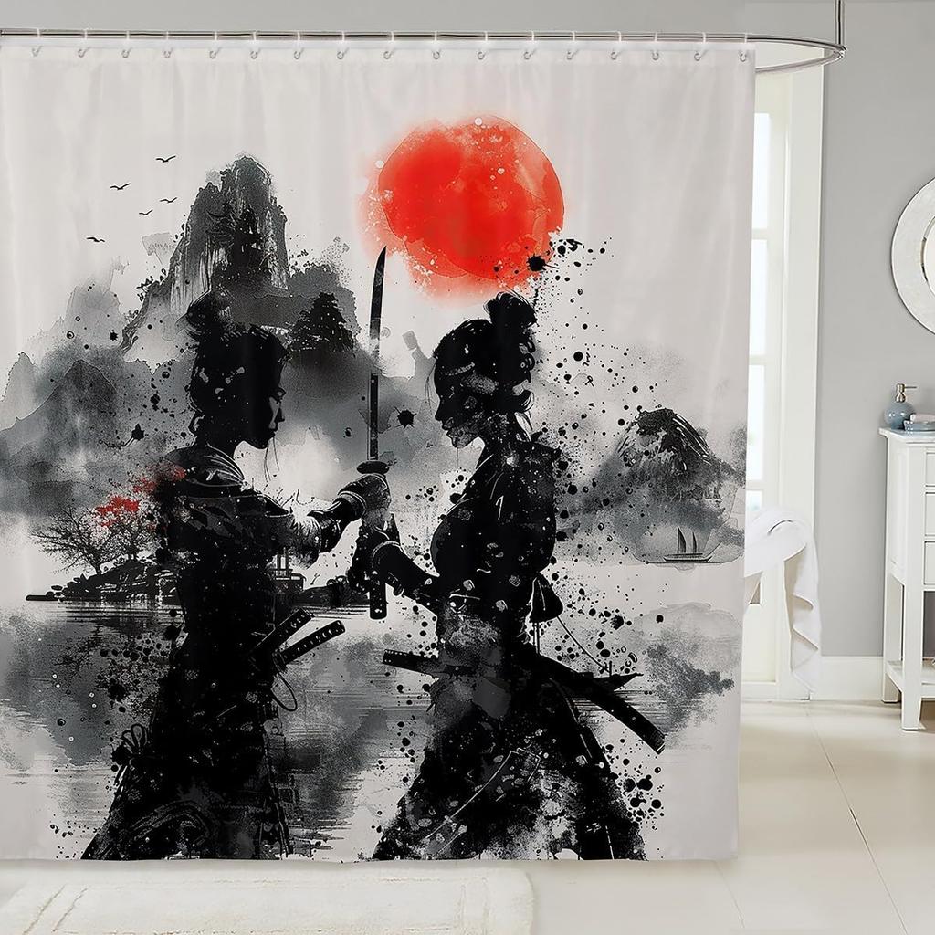 Japanese Samurai Bath Curtain Boys Girls  Landscape Shower Curtain for Kids Women Men Waterproof Sunset Bathroom Shower Curtain