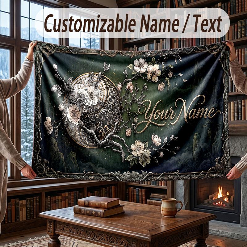 Floral Garden Theme Throw Blanket Custom Name Text Personalized Blanket Soft Cozy Blanket for Home Sofa Bed