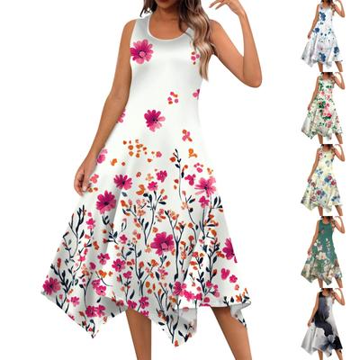 Abito midi da donna casual alla moda, con scollo rotondo, senza maniche, stampa floreale e orlo irregolare