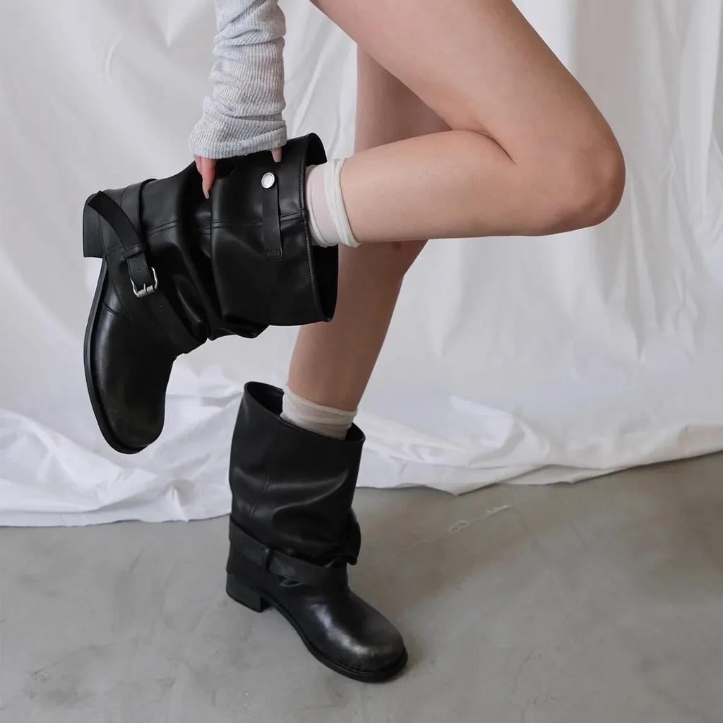 Retro Western Style Women'S Boots Leather Folded Design Thick Heel Round Toe Booties Black Buckle Decoration Over Knee Boots