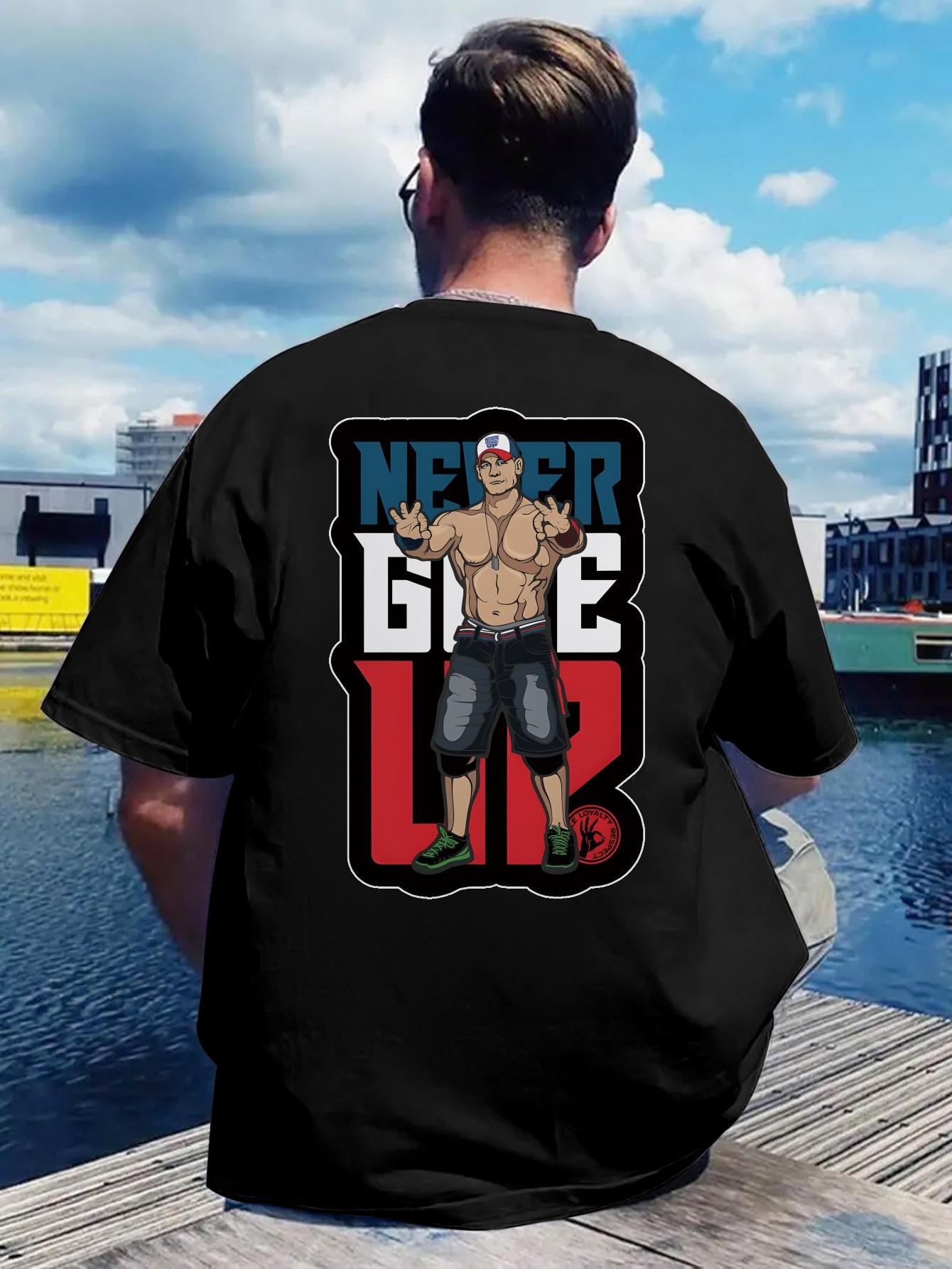 Inspirational Graphic T-shirt -  Never Give Up  Motivational Design with Muscular Character S