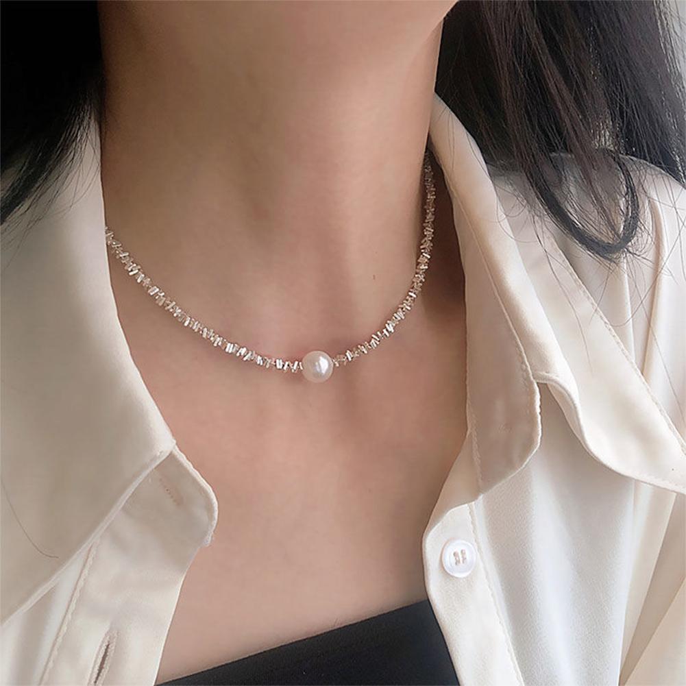 Shiny Silver Single Pearl Necklace Simple Versatile Alloy Necklace Clavicle Chain Jewelry Accessory for Women