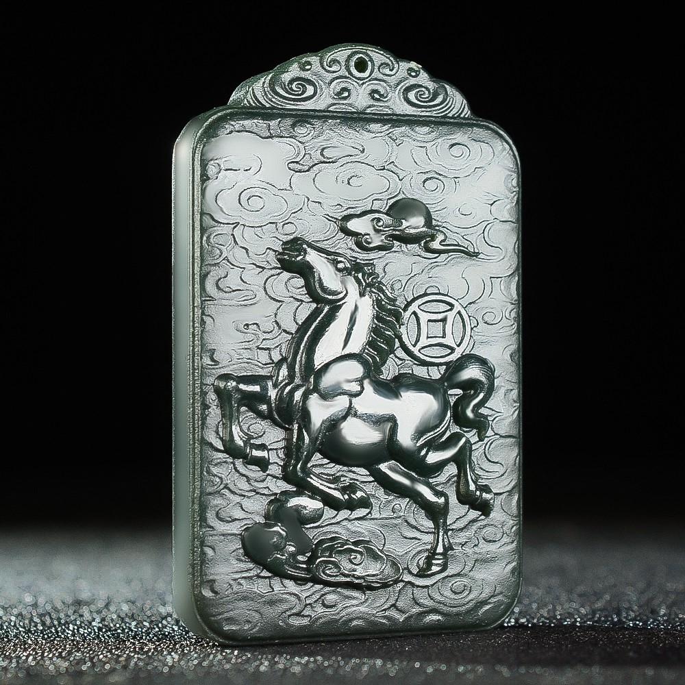 Natural Nephrite Green Jade Zodiac Horse Charm Necklace Men Women Fine Jewelry Chinese Hetian Jade Horse Pendant Necklaces 40-66mm