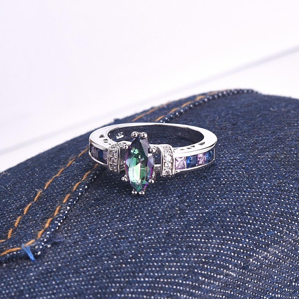 Women Marquise Amethyst Ring Rainbow 3A Zircon White Gold Silver Plated Elegant Ring