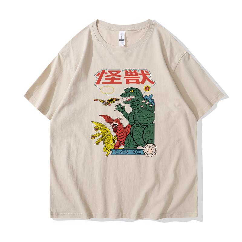 T-shirt Street Style T-shirt Cartoon Short Sleeve Casual Summer Cotton Men's Hip Hop Dinosaur Print 2023 Japan Harajuku Top