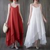 2025 Summer Cotton Linen Irregular Slip Dress - Double Layer Solid Color Long Skirt