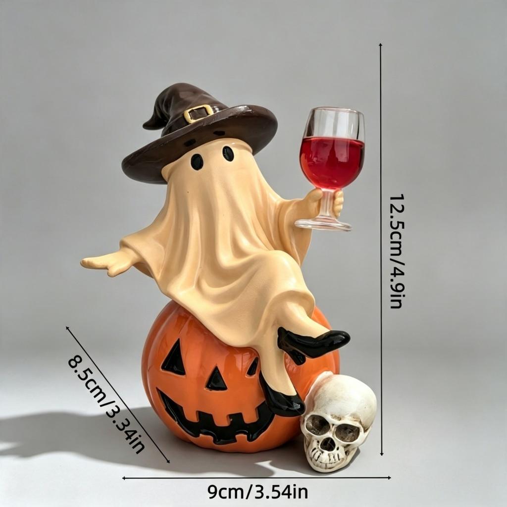 Halloween Ghost Sitting On A Pumpkin Figurine, Witch Holding A Red Wine Glass, Skeleton Decorating The Home Table for A Party Setup.