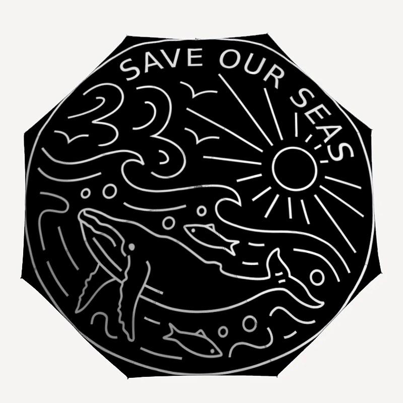 1pc Save Our Seas Sticker Automatic Open/Close Umbrella - Portable Collapsible Umbrella with 8-Rib Stability, Fashion Lovers Yy251017083