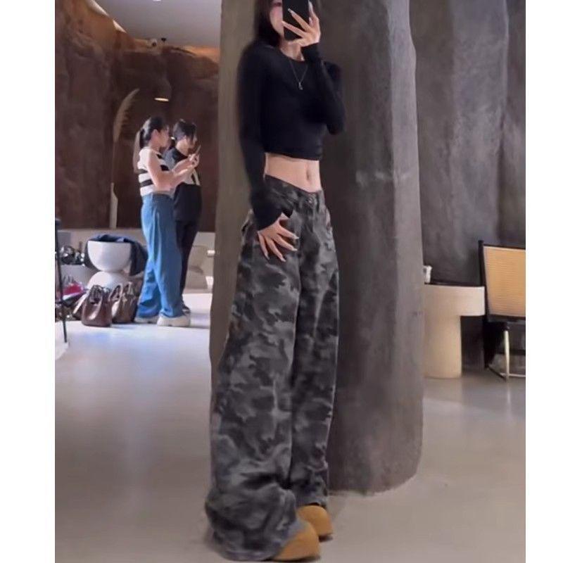Damskie spodnie robocze jeansowe w kamuflażu, szerokie nogawki, 175cm-180cm