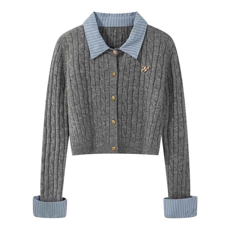 Yangcheng Story Women's Slim Fit Grey Faux Two-Piece Knit Cardigan for Autumn 2025