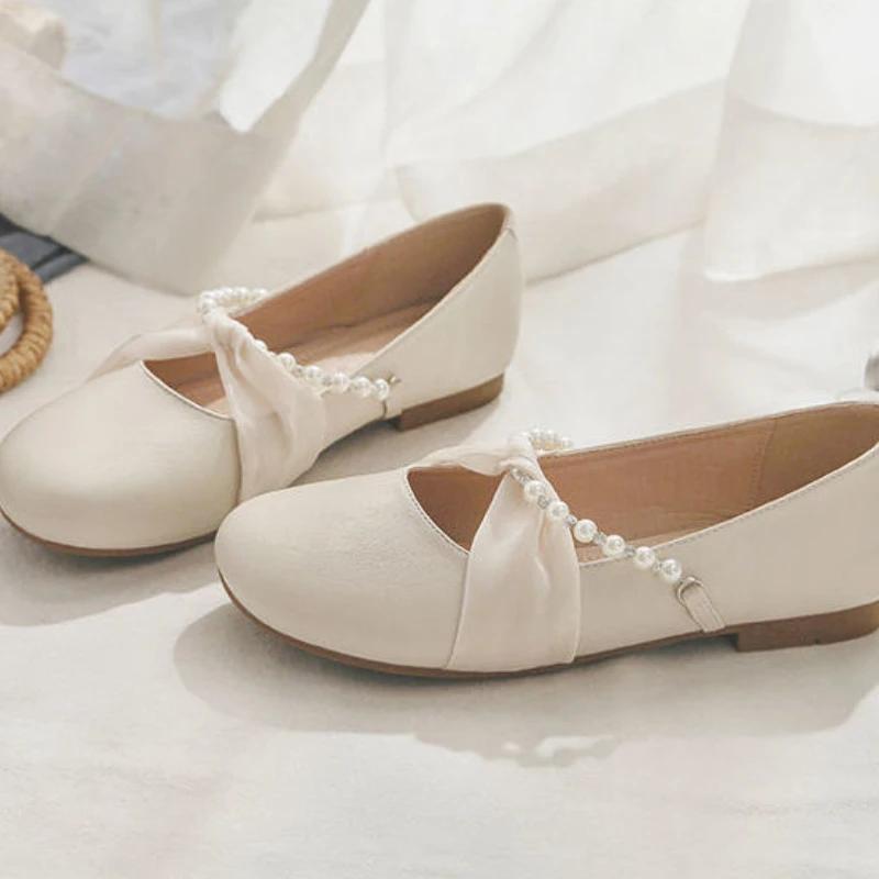Fashion Low Heel Elegant Shoes for Women Round Toe Woman Flats Pearl Spring Wholesale Dress Young on Offer Summer 2025 Casual Y2k Slip