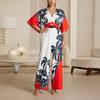 Womens V-Neck Printed Jumpsuit High-Waisted Wide-Leg Pants Casual Office Wear Lightweight Batwing Sleeve