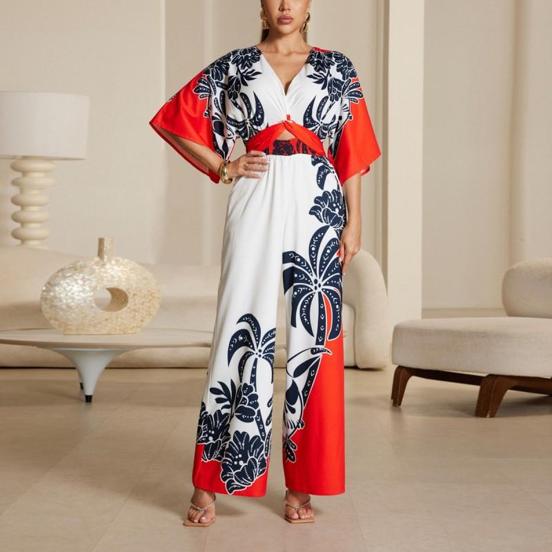 Womens V-Neck Printed Jumpsuit High-Waisted Wide-Leg Pants Casual Office Wear Lightweight Batwing Sleeve
