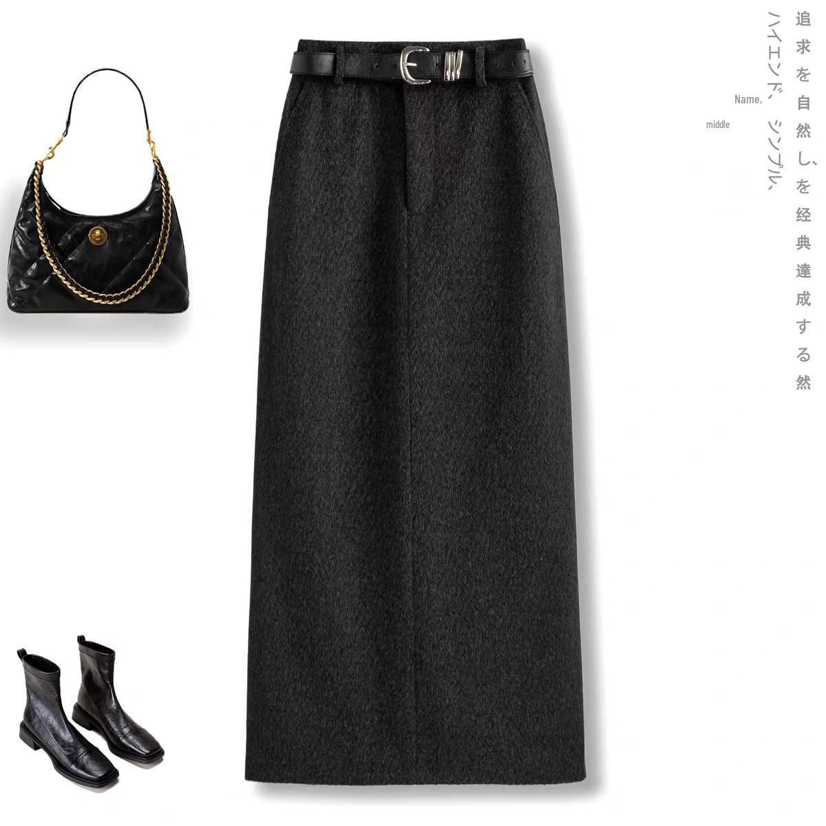 Elegant High-Waist Wool Bodycon Midi Skirt with Back Slit for Autumn/Winter M