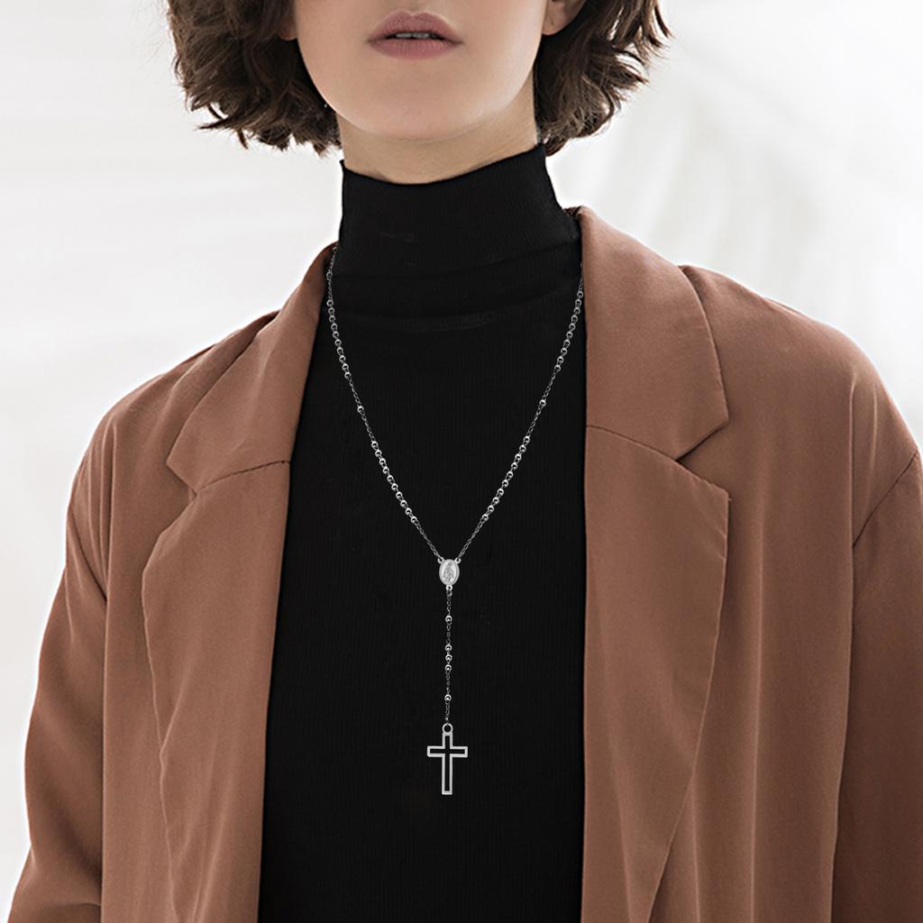 Damen Kreuz Rosenkranz Halskette, Maria mit Kreuz Anhänger, Schwarz Gold Farbe Edelstahl Christus Jesus Gebet Kirche Schmuck