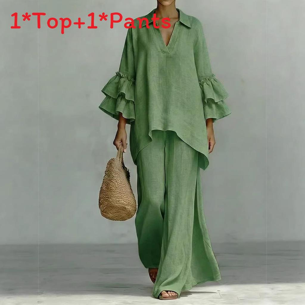 Bohemian Style Casual Twopiece Pants Suit With Spliced Cotton Linen For Women Summer Comfort