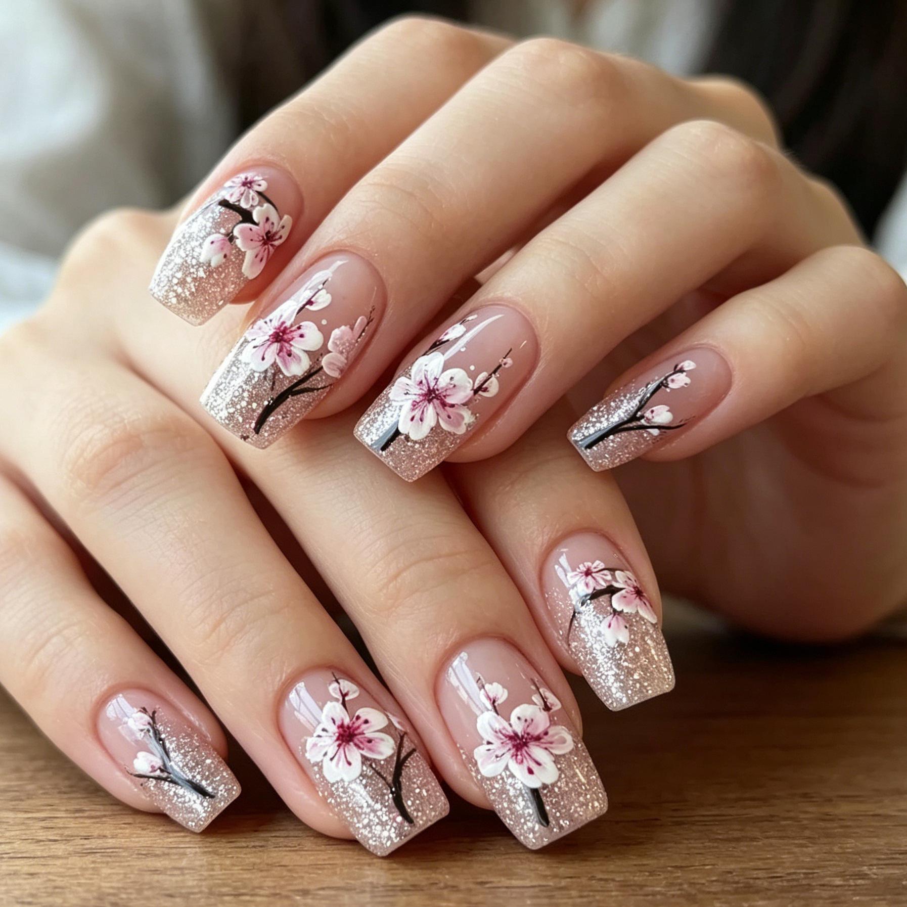 24 Pieces Of Manicure, Cold National Style, Gentle Hand-Painted Ink, Plum Blossom, Medium And Long Square Wearing Armor Jelly glue + rubbing strips*3pcs