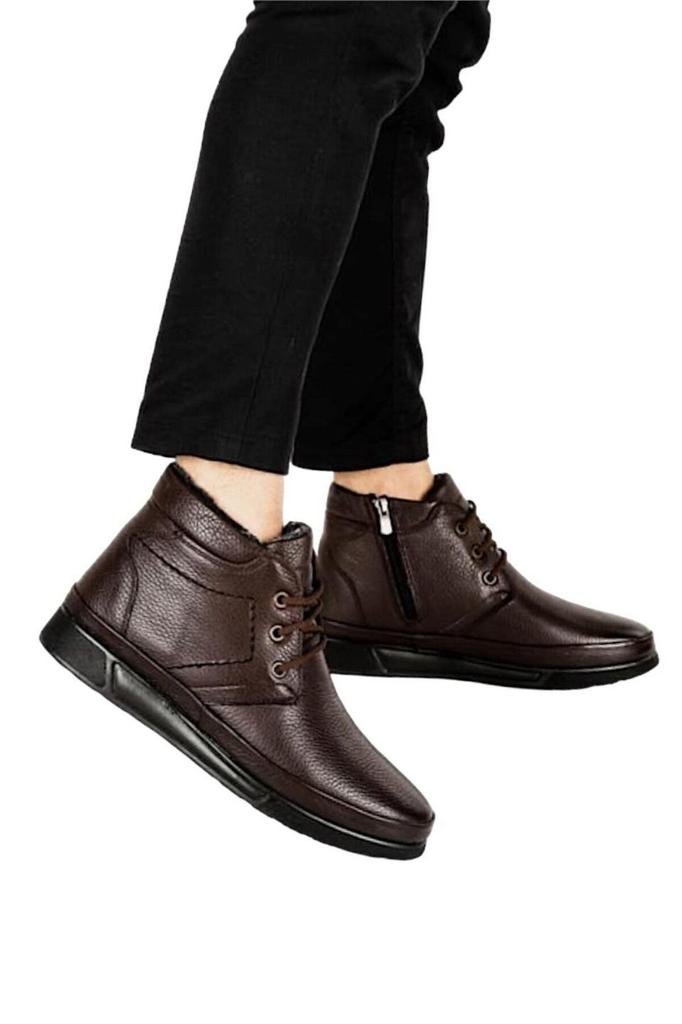 Men's Fashion Genuine Leather Flat Heeled Boots Bootie with Fur Inside Zipper Lace Up Boots Black Shoes