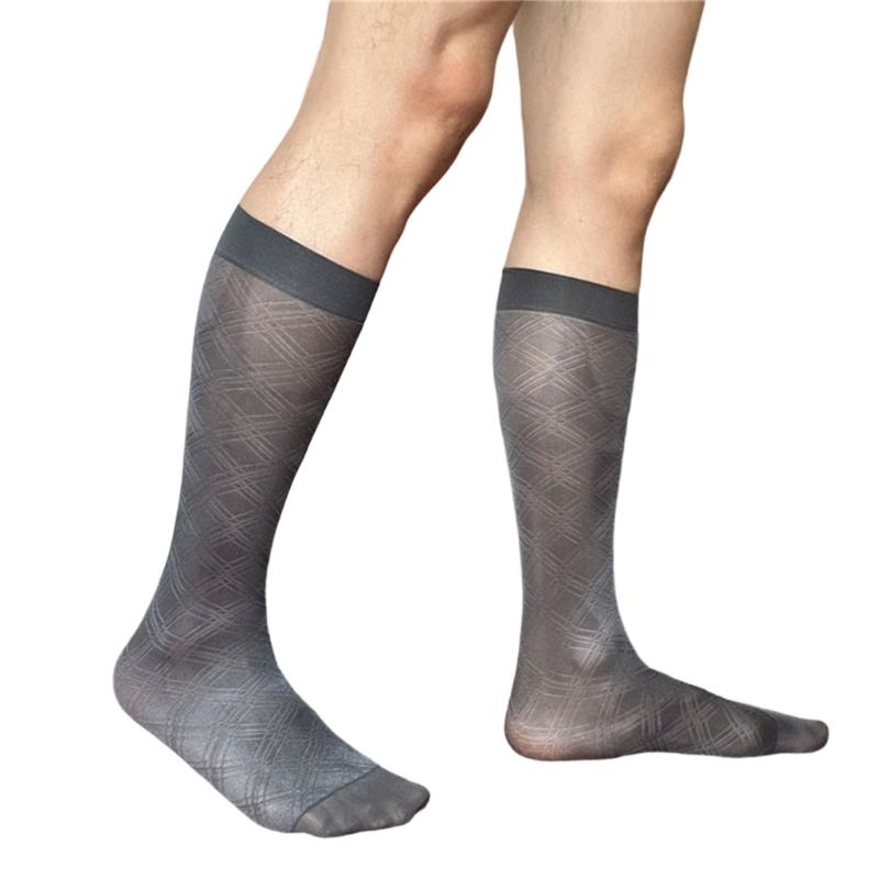Men's Breathable Nylon Thin Dress Socks with Argyle Pattern Design Middle Calf Business Formal Socks Hosiery Gift